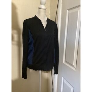 Barneys New York CO-OP Womens Silk Cotton Zip Front Cardigan Black Navy Blue M